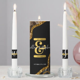 Black & Gold Agate Geode Glitter Wedding Unity Candle Set