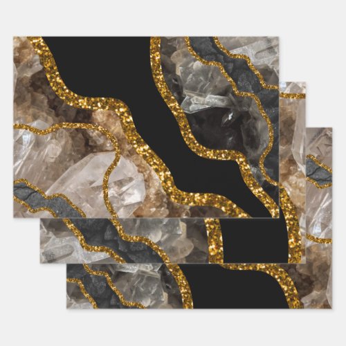 Black  Gold Agate Geode Glitter Wrapping Paper Sheets