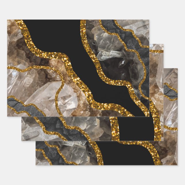 Black & Gold Agate Geode Glitter Wrapping Paper Sheets (Set)