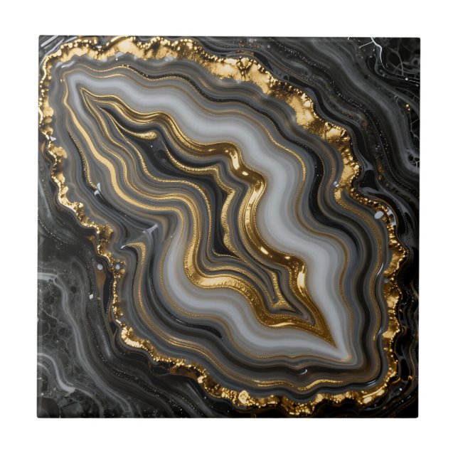 Black Gold Agate Geode Luxury Marble Ceramic Tile (Front)