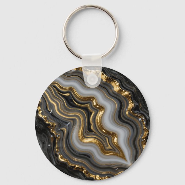 Black Gold Agate Geode Luxury Marble Keychain (Front)