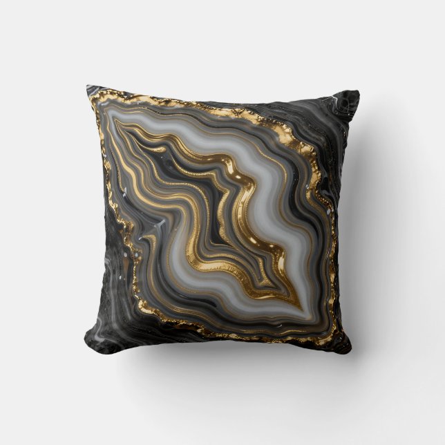 Black Gold Agate Geode Luxury Marble Throw Pillow (Front)