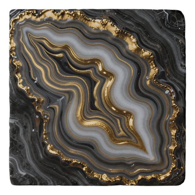 Black Gold Agate Geode Luxury Marble Trivet (Front)