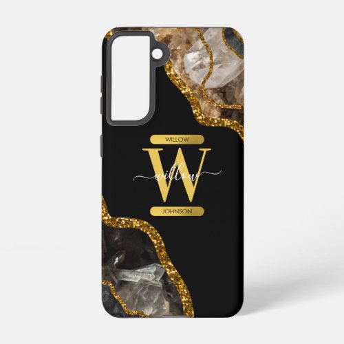 Black  Gold Agate Geode Monogram  Samsung Galaxy S21 Case