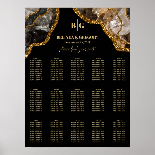 Black & Gold Agate Geode Wedding Seating Chart (Front)
