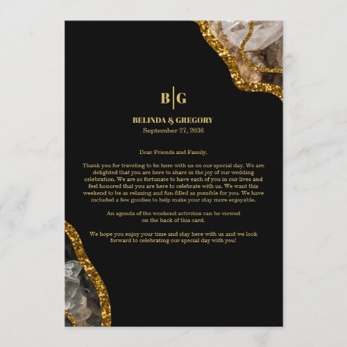 Black  Gold Agate Geode Wedding Welcome Itinerary Program