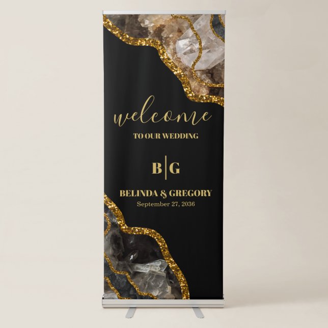 Black & Gold Agate Geode Wedding Welcome Sign (Front)