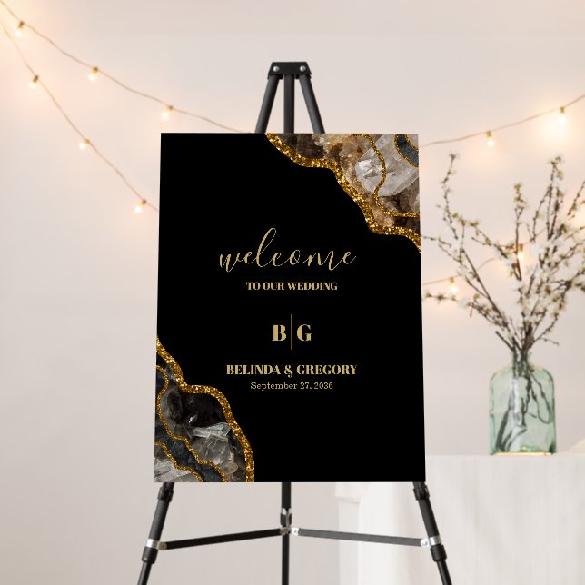 Black & Gold Agate Geode Wedding Welcome Sign (In Situ (Stand))