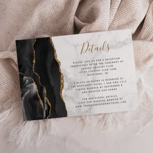 Black Gold Agate Gray Marble Wedding Details Enclosure Card