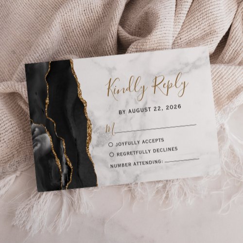 Black Gold Agate Gray Marble Wedding RSVP Card