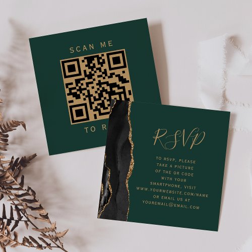 Black Gold Agate Green Wedding QR Code RSVP Enclosure Card