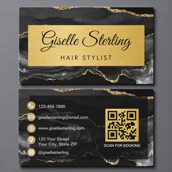 Black Gold Agate Hair Stylist Glitter QR Code Business Card