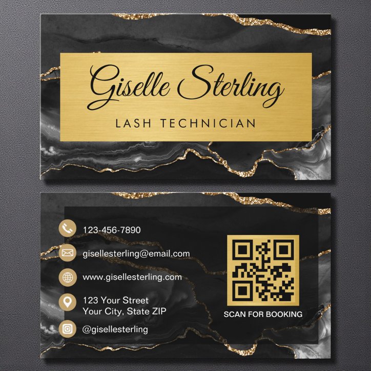 Black Gold Agate Lash Technician Glitter QR Code Business Card
