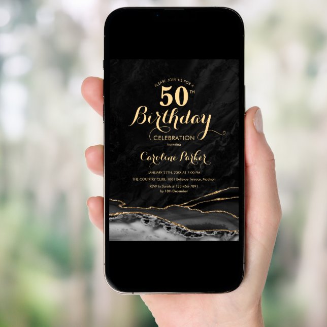 Black Gold Agate Marble 50th Birthday Invitation (Front Digital)
