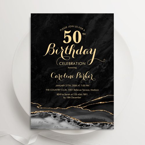 Black Gold Agate Marble 50th Birthday Invitation