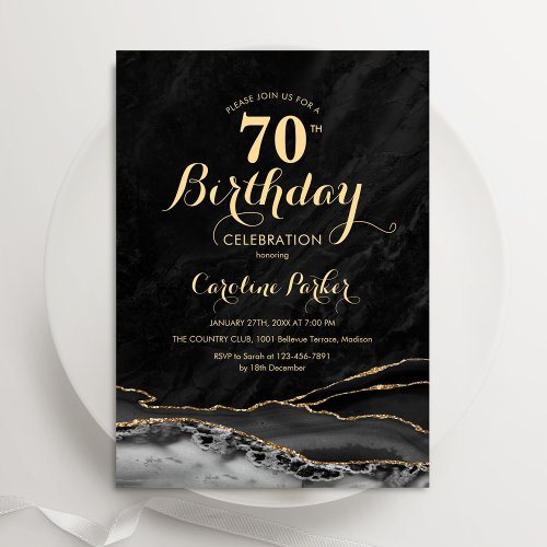 Black Gold Agate Marble 70th Birthday Invitation