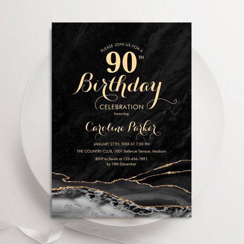 Black Gold Agate Marble 90th Birthday Invitation