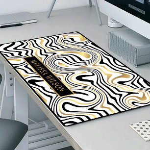 Black & Gold Agate Marble Abstract Pattern Name Desk Mat
