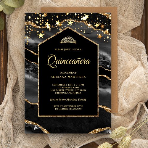Black Gold Agate Marble Arch Quinceanera Invitation