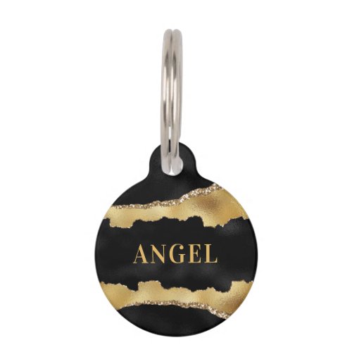 Black gold agate marble elegant name pet ID tag