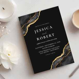 Black Gold Agate Marble Elegant Wedding Foil Invitation