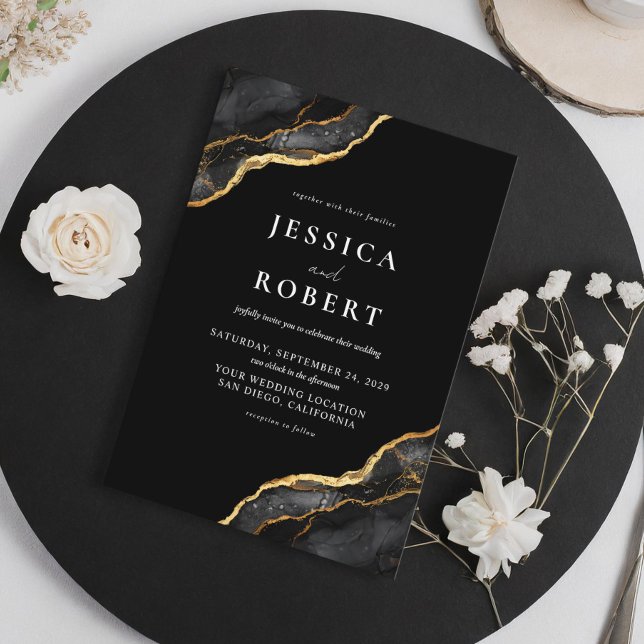 Black Gold Agate Marble Elegant Wedding Invitation (Creator Uploaded)
