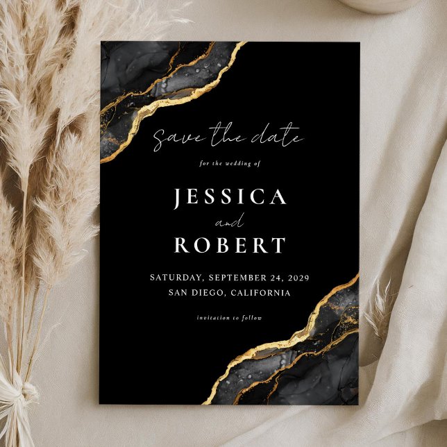 Black Gold Agate Marble Elegant Wedding Save The Date (Creator Uploaded)