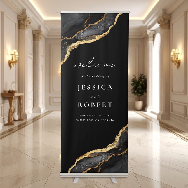 Black Gold Agate Marble Elegant Wedding Welcome Retractable Banner (Creator Uploaded)