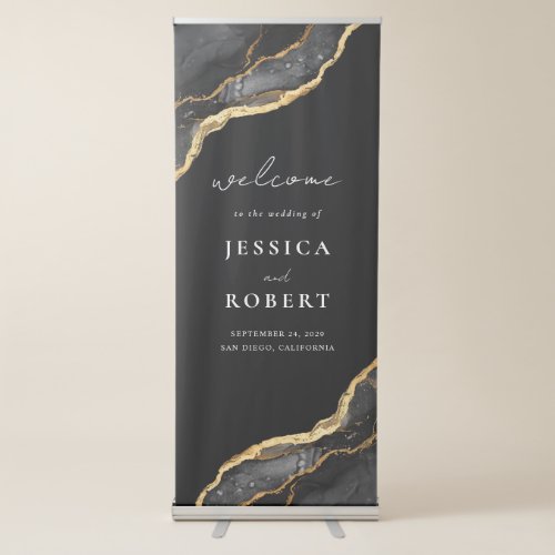 Black Gold Agate Marble Elegant Wedding Welcome Retractable Banner