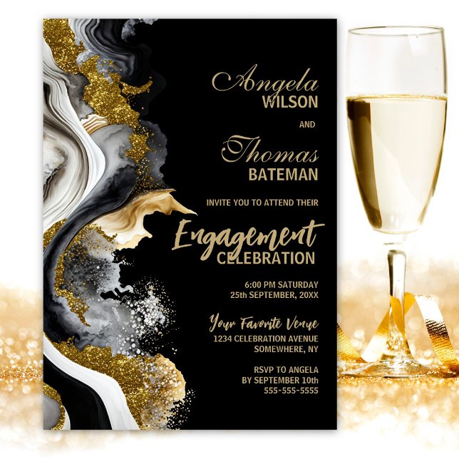 Black Gold Agate Marble Engagement Party Invitation (Creator Uploaded)