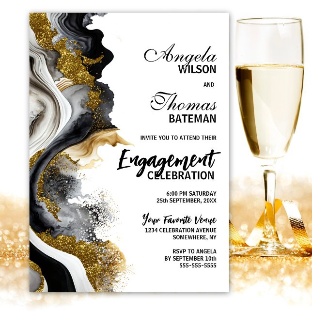 Black Gold Agate Marble Engagement Party Invitation (Creator Uploaded)