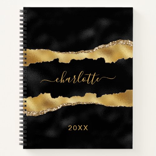 Black gold agate marble name script elegant notebook