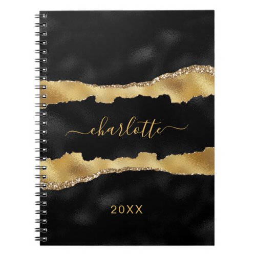 Black gold agate marble name script elegant notebook