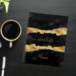 Black gold agate marble name script elegant planner<br><div class="desc">Black and faux gold,  agate,  marble stone print as background. Personalize and add your name and a year. The name is written with a modern hand lettered style script.</div>