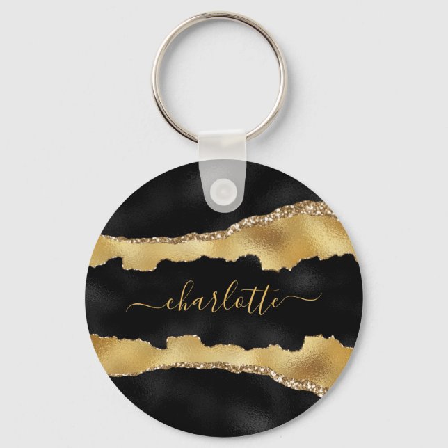 Black gold agate marble name script  keychain (Front)