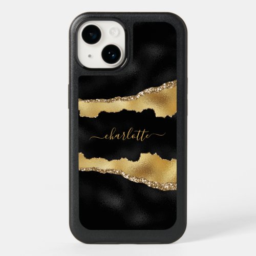 Black gold agate marble name script  OtterBox iPhone 14 case