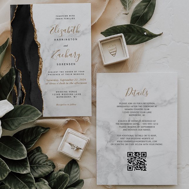 Black Gold Agate Marble QR Code Wedding Invitation (Creator Uploaded)