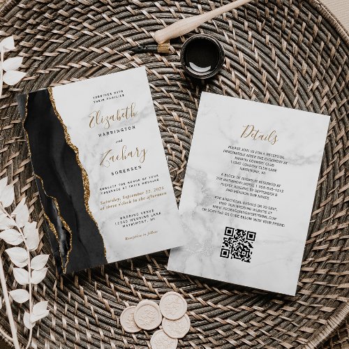 Black Gold Agate Marble QR Code Wedding Invitation