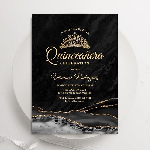 Black Gold Agate Marble Quinceanera Invitation