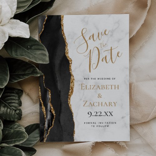 Black Gold Agate Marble Save the Date Card