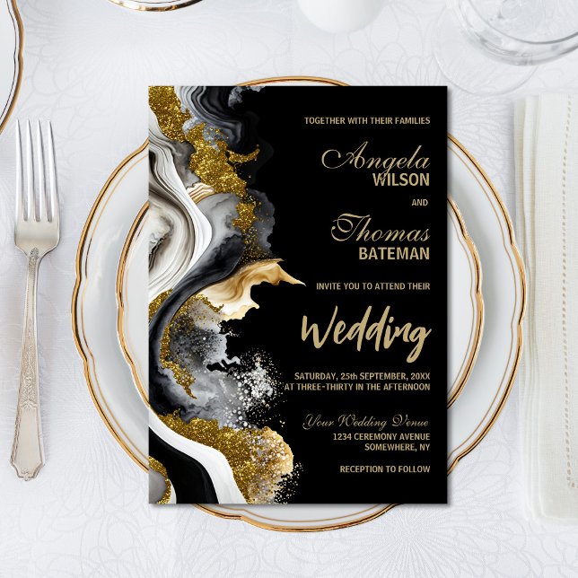 Black Gold Agate Marble Wedding Invitation (Creator Uploaded)