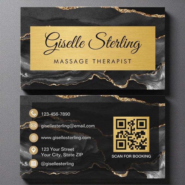 Black Gold Agate Massage Therapist Glitter QR Code Business Card (Creator Uploaded)