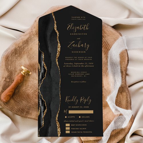 Black Gold Agate Meal Options Dark Wedding All In One Invitation