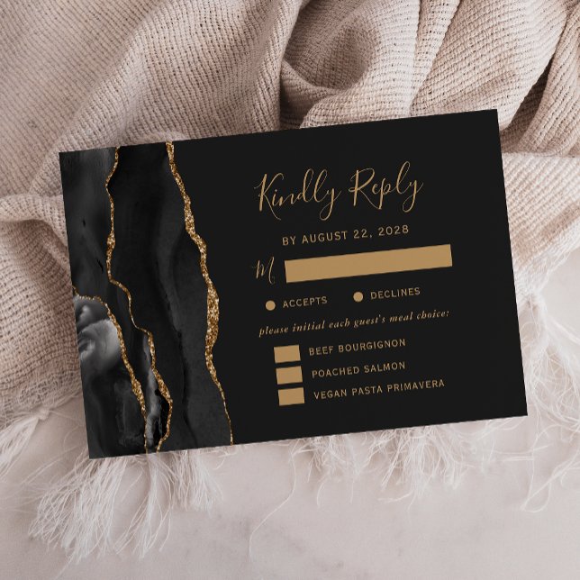 Black Gold Agate Meal Options Dark Wedding RSVP Card (Creator Uploaded)