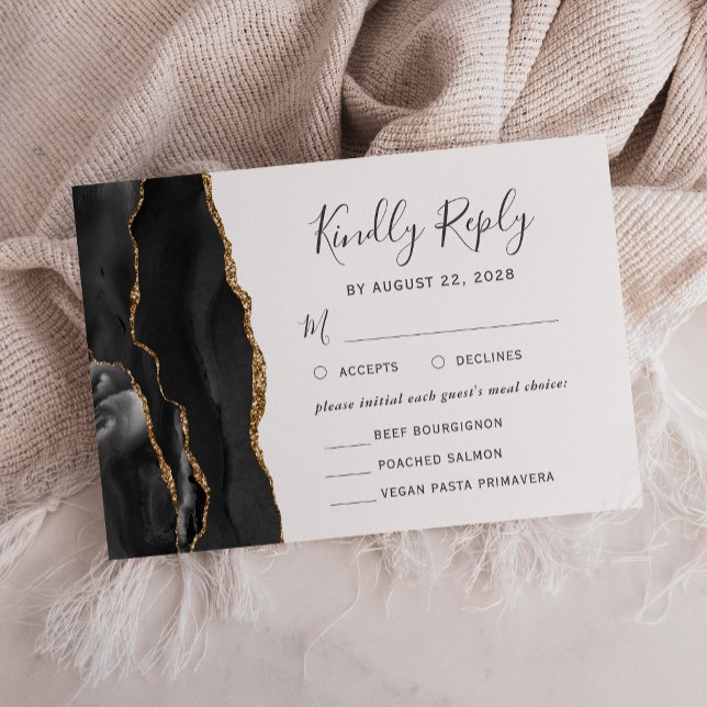 Black Gold Agate Meal Options Wedding RSVP Card (Creator Uploaded)
