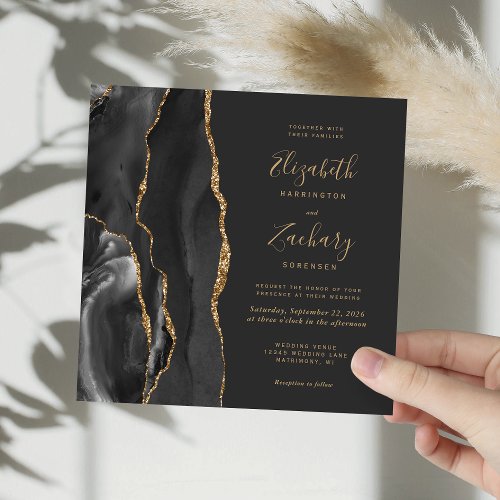 Black Gold Agate Modern Dark Square Wedding Invitation