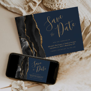 Black Gold Agate Navy Blue Save the Date Card