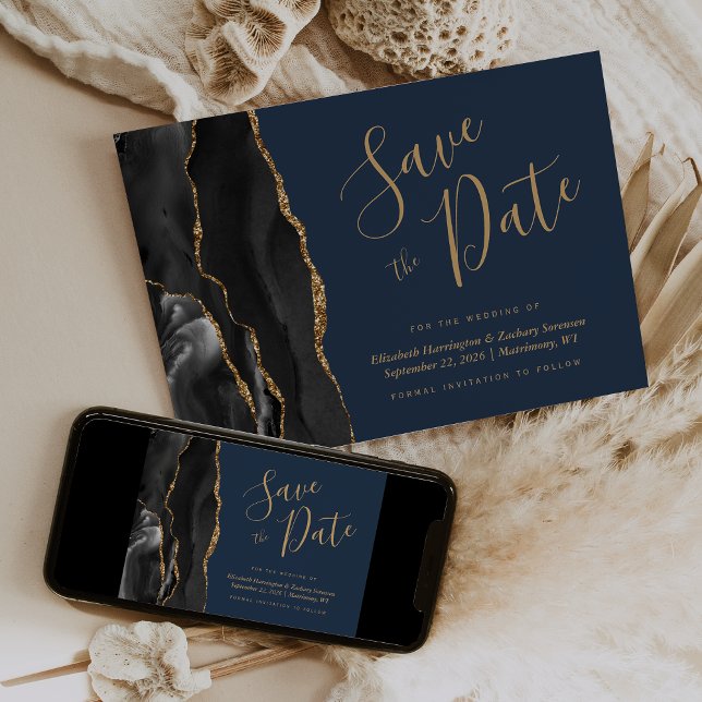 Black Gold Agate Navy Blue Save the Date Card (Creator Uploaded)