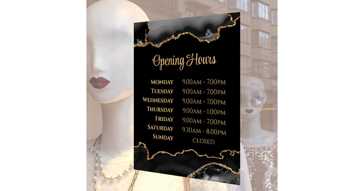 black-gold-agate-opening-hours-window-cling-zazzle