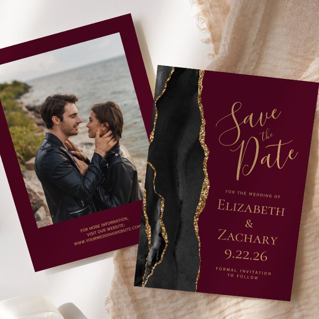 Black Gold Agate Photo Burgundy Save the Date (Creator Uploaded)